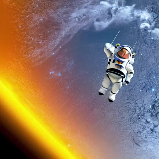 Prompt: a photo of buzz lightyear aldrin in space taken by the james webb satellite telescope but zoomed in