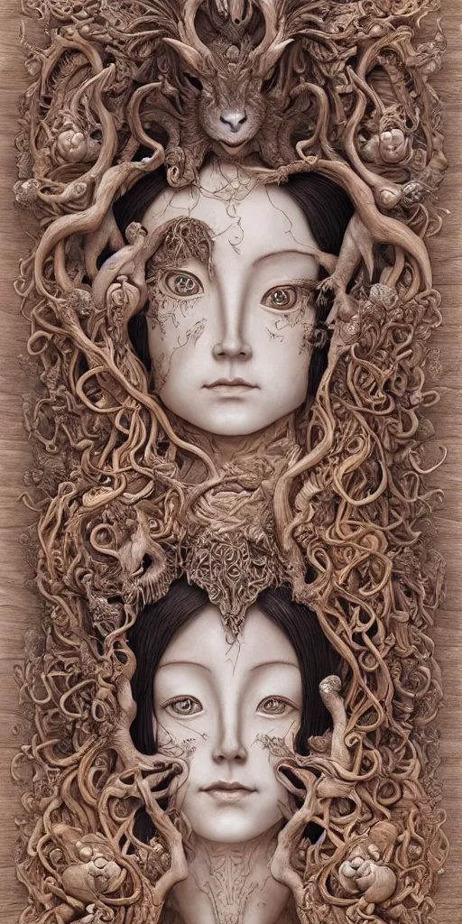 Prompt: a sculpture of mythical creatures by hannah yata, elegant and beautiful female face with her third eye open, carved in wood and stone, intricate, elegant, highly detailed, digital painting by audrey kawasaki, artstation, concept art, ambient occlusion, vray render,