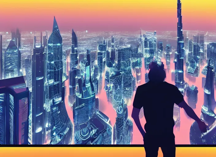 Prompt: closeup of a man [ standing on the pinnacle of the burj khalifa ]!!, holding a camera, viewing out into a [ futuristic cityscape ]!!, dusk atmosphere, digital art illustrated by max hay and greg rutkowski, [ 8 0 s neon art style ]!!, neon wallpaper!!, golden ratio!!, centered!!