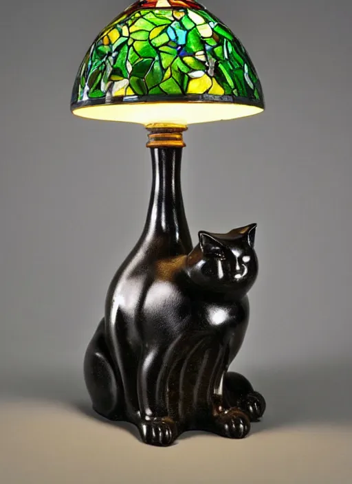 Image similar to a lamp in the shape of a cat with black accents designed by louis comfort tiffany