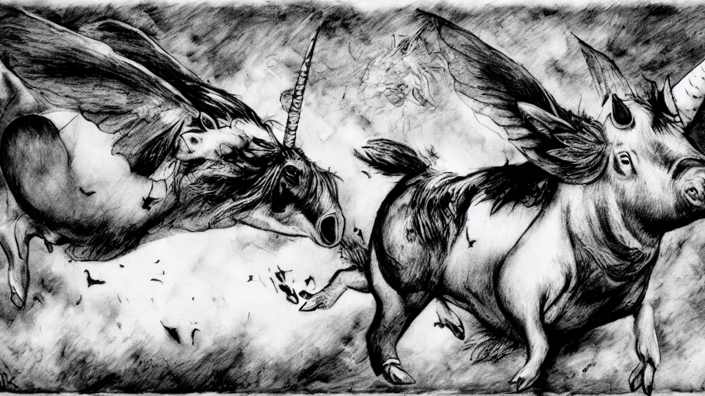 Image similar to flying pig with unicorn horn, derek hess style, black and white, 35mm, 8k