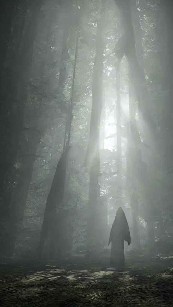 Prompt: photo of a mystical figure in occult robes in a dark misty forest, god rays, unreal engine 5, highly detailed, horror, epic