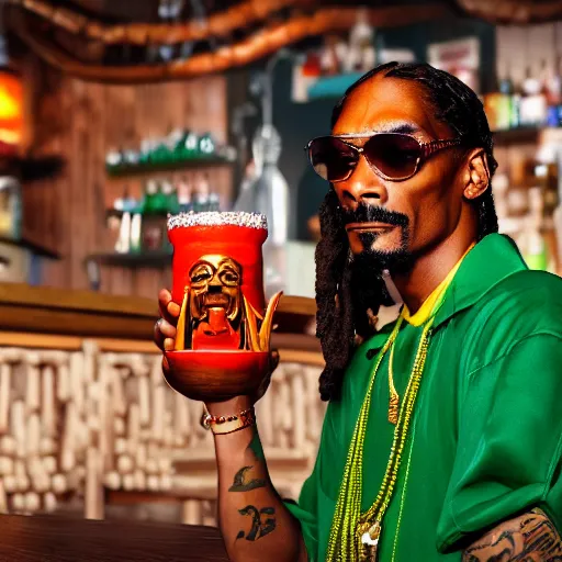 Image similar to a photorealistic photograph of a Trader Vic's tiki mug featuring Snoop Dogg at a Tiki bar - Trending on Artstation, featured on Behance, well-rendered, Unreal Engine, 4K HD