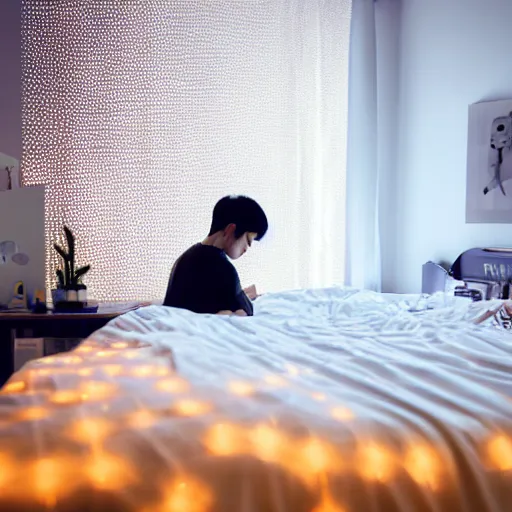 Image similar to calm photo of a futuristic otaku bedroom, bokeh + calm lighting