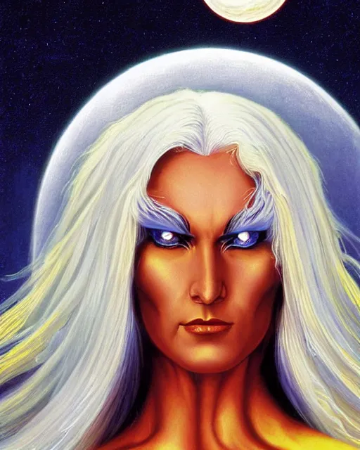 Prompt: a sorceress with white hair and glowing yellow eyes standing in front of the full moon, by Greg Hildebrandt