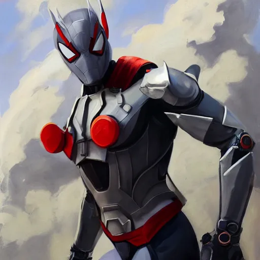 Image similar to greg manchess portrait painting of armored spiderman ultraman grey fox from metal gear cyborg gay japanese - american hybrid as overwatch character, medium shot, asymmetrical, profile picture, organic painting, sunny day, matte painting, bold shapes, hard edges, street art, trending on artstation, by huang guangjian and ail elvgren and sachin teng