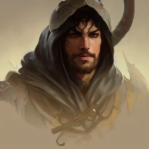 Image similar to male adventurer, painted fantasy character portrait, headshot, fantasy, highly detailed, digital painting, artstation, concept art, sharp focus, illustration, art by artgerm and greg rutkowski and alphonse mucha