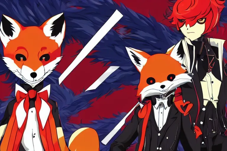 Image similar to a furry tan male fox on a persona 5 : royal ( by atlus ) video game splash screen, a furry male sandcolored tan fox fursona ( has hair ), persona 5 phantom thief style