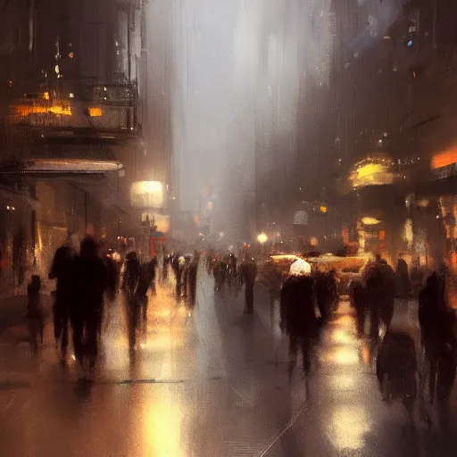 Image similar to City lights at night with a lot of people walking, street lights, cars, digital art trending on artstation by Jeremy Mann