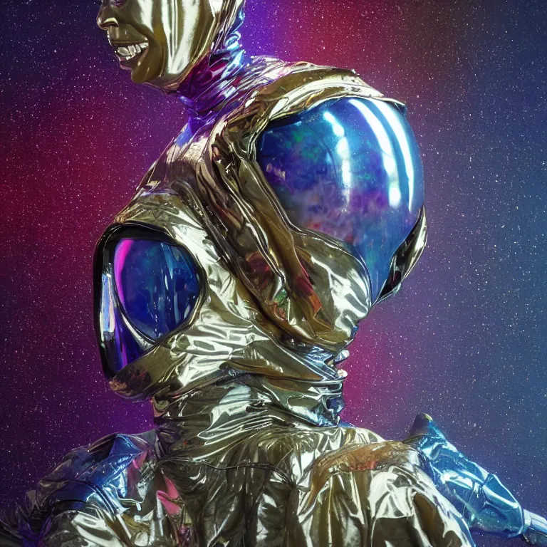 Image similar to octane render portrait by wayne barlow and carlo crivelli and glenn fabry, subject is a woman covered in tie - dye exoticic flamboyant aluminum foil space suit with a iridescent metallic space helmet, surrounded by alien plants, cinema 4 d, ray traced lighting, very short depth of field, bokeh