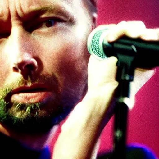 Prompt: superhero Thom Yorke 1995 singing into a microphone, a photo by John E. Berninger, trending on pinterest, private press, associated press photo, angelic photograph, masterpiece