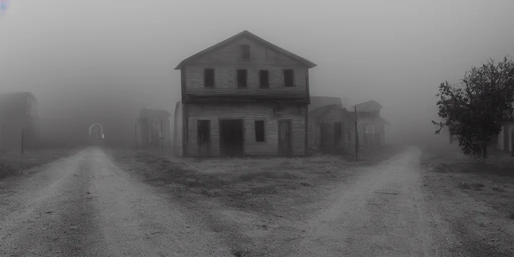 Image similar to Misty ghost town, with a dark shadow of a ghost