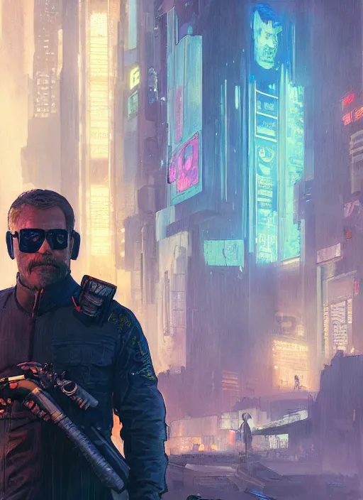 Image similar to cyberpunk Teddy Roosevelt. Cyberpunk ninja in tactical gear. blade runner 2049 concept painting. Epic painting by James Gurney, Azamat Khairov, and Alphonso Mucha. ArtstationHQ. painting with Vivid color. (rb6s, Cyberpunk 2077)