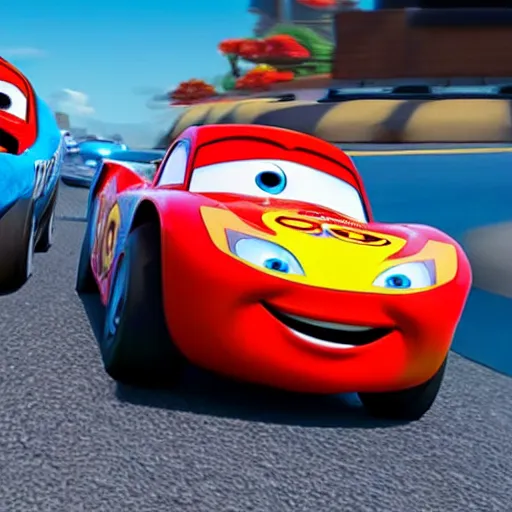 Prompt: dash parr from incredibles 2004 racing with lightning mcqueen
