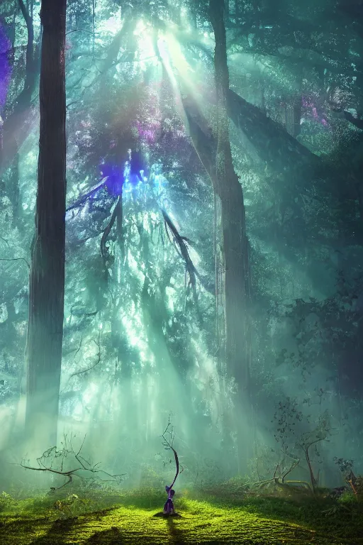 Prompt: a gigantic shaman figure within the purple forest as the sunlight breaks through the trees, neon blue cloak, smoke, smog, roots, mycelium, vines, ultradetailed, volumetric lighting, 4k UHD.