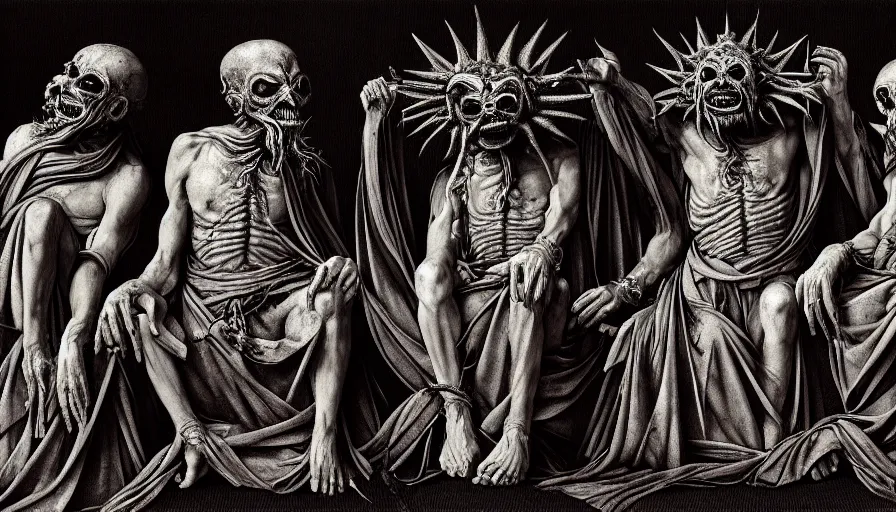 Prompt: highly detailed three wise dark rotting god sit on the trons, see no evil, hear no evil, speak no evil, anime, night, death, fear, horror, religion, monochrome, by caravaggio, hyperrealism, detailed and intricate environment