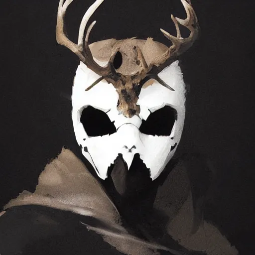 Image similar to portrait of a character wearing a black cloak, with a white mask in the shape of a deer skull, the mask covers her entire face, there are no antlers, dramatic lighting, illustration by Greg rutkowski, yoji shinkawa, 4k, digital art, concept art, trending on artstation