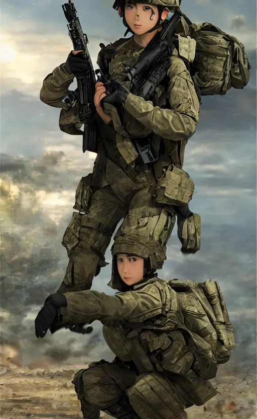 Image similar to girl, trading card front, future soldier clothing, future combat gear, realistic anatomy, war photo, professional, by ufotable anime studio, green screen, volumetric lights, stunning, military camp in the background, metal hard surfaces, generate realistic face, strafing attack plane, pretty eyes