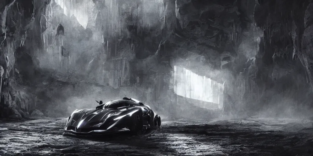 Image similar to the batmobile standing in a very dark and wet cave. highly detailed. intricate. mist. atmospheric. unreal engine render. rim light. photorealistic. 8 k. monochrome. cinematic. matte painting in the style of sparth and ash thorp. trending on artstation.