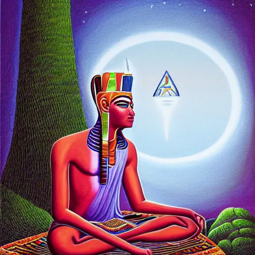 Image similar to painting of a Egyptian pharaoh meditating under a tree by Alex Grey, acrylic art, ethereal, soothing, somber, elegant, warm light, cozy, glows,