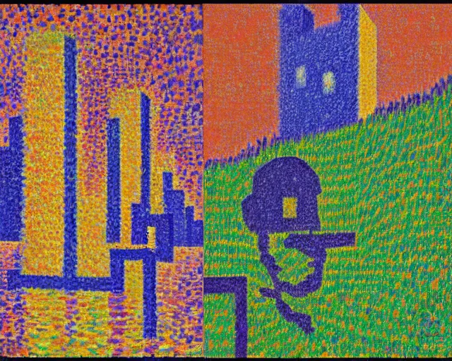 Prompt: painting of thwomp fortress ( super mario 6 4 ), highly detailed, by paul signac, by georges seurat, by albert dubois - pillet