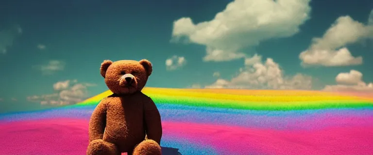 Prompt: a teddy bear with transparent skin painted by Mike Winkelmann, fluffy clouds, pink girl, cotton candy, dreamy soft, rainbow