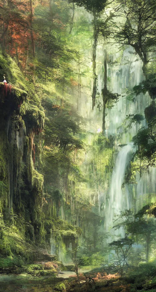 Image similar to ancient forest, moss, waterfall, intricate, vivid colors, brush strokes, elegant, highly detailed, richard schmid, john park, ruan jia, jeffrey catherine jones