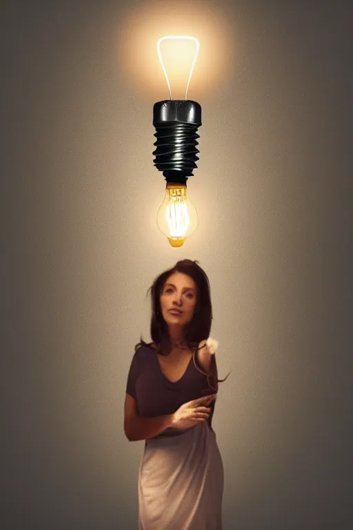 Image similar to an empty light bulb, with a woman trapped inside of it. the woman has wings.