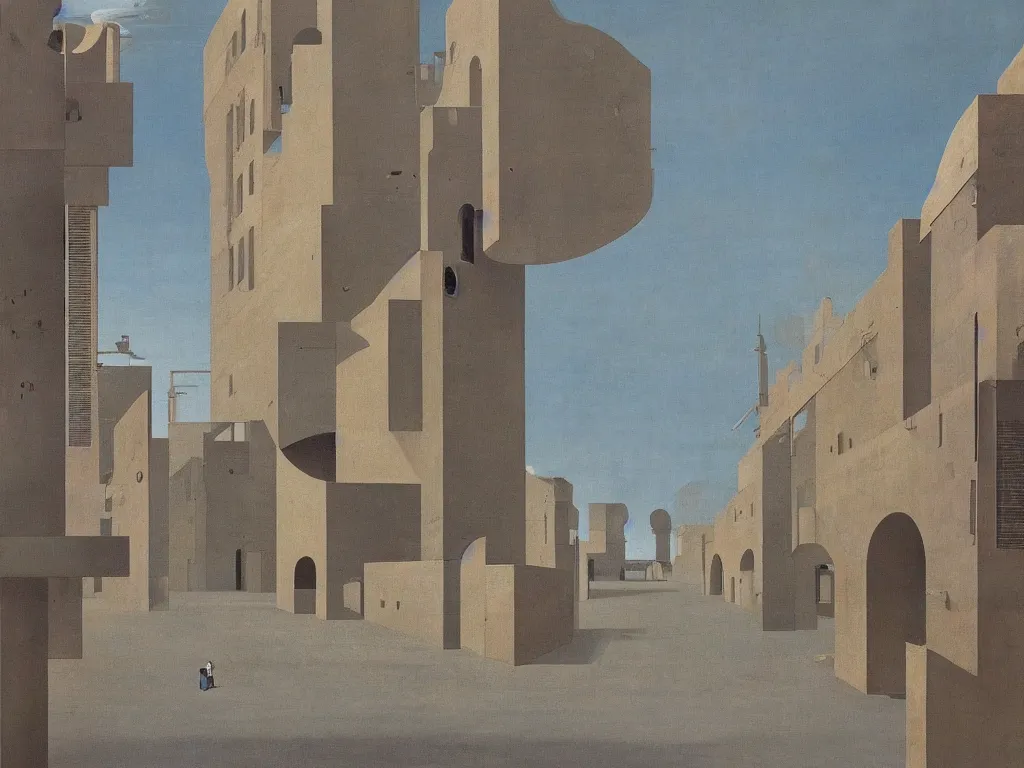 Image similar to Streets of a deserted, brutalist city that now fill with dust, sand, smoke. Clear gradient blue sky. Eye on a plate. Painting by Roger Dean, Piero della Francesca, Yves Tanguy