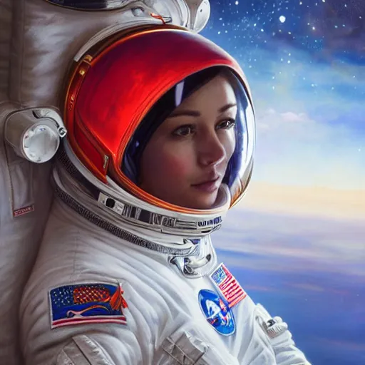 Prompt: a portrait of an intensely lit female astronaut in space station, red, oil painting, pale colors, high detail, 8 k, wide angle, trending on artstation,