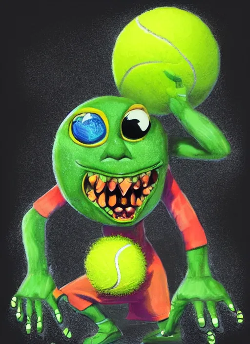 Prompt: tennis ball monsters playing tennis, a tennis ball monster ,tennis ball, funny, digital art, fantasy, magic, trending on artstation, ultra detailed, professional illustration,chalk, poster artwork by Basil Gogos , clean