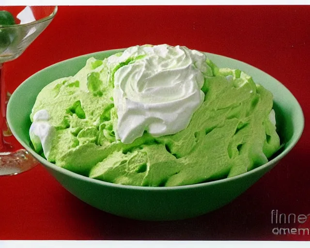 Image similar to 1970's cookbook color photograph of green ambrosia salad whipped cream sharp detail high detail