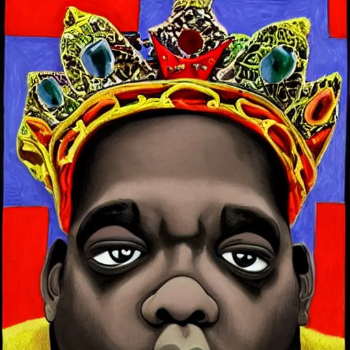 Prompt: a single biggie smalls, notorius B.I.G, wearing a crown, portrait, medium shot, symmetrical face and body, single face, single nose, single mouth, accurate, hyperdetailed, intricate detail, insanely detailed and intricate, in the style of Henri Matisse, edge to edge, solid color background intricate, highly detailed, smooth, sharp focus, detailed face and body, high contrast