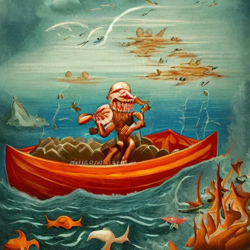 Image similar to man on boat crossing a body of water in hell with creatures in the water, sea of souls, by studio 4 c