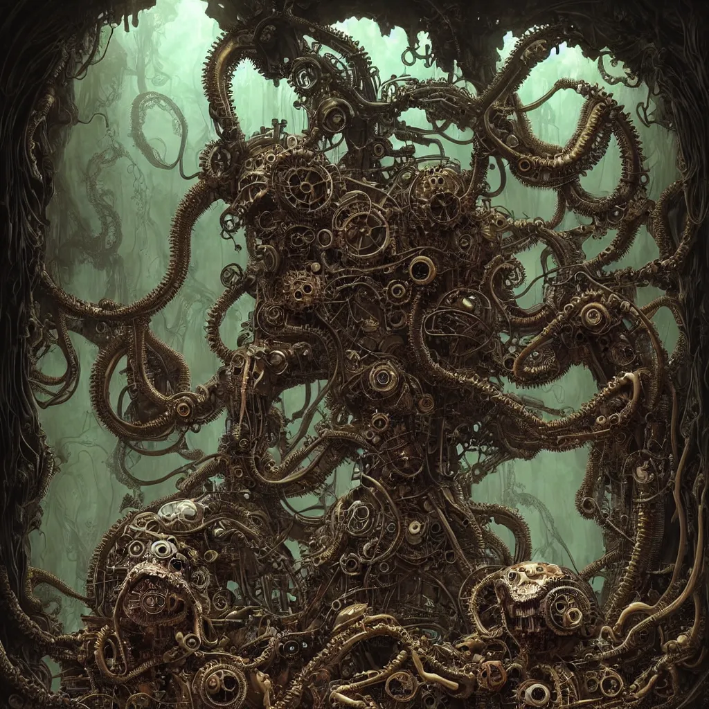 Image similar to biomechanical steampunk creature with robotic parts and big octopus head and (glowing) eyes guarding an ancient cave entrance with lush vegetation in a mystic forest, gothic and baroque, brutalist architecture, ultradetailed, creepy ambiance, fog, artgerm, giger, Intricate by Ellen Jewett and Josan Gonzalez and Giuseppe Arcimboldo