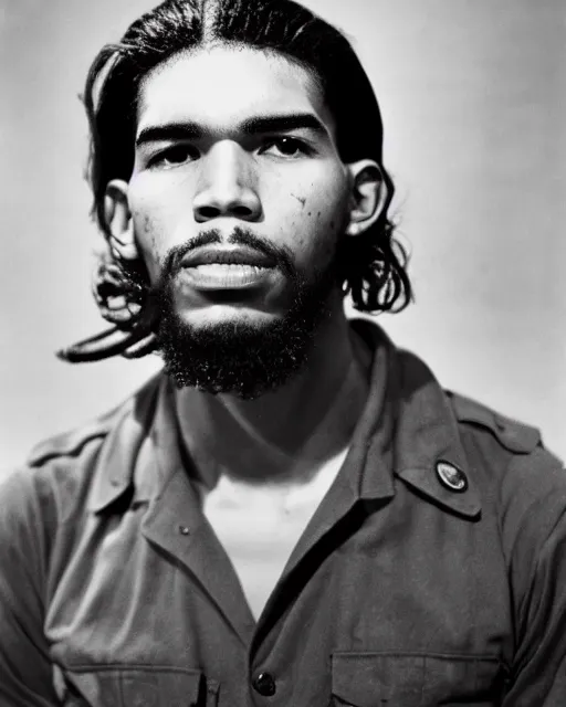 Image similar to Portrait of Jayson Tatum, Jayson Tatum as Che Guevara, Guerilla Heroica, Black and White, Photograph by Alberto Korda, inspiring, dignifying, national archives