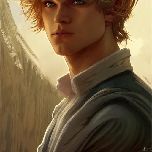 Prompt: an epic fantasy comic book style portrait painting of a young over confident blonde boy wearing plain thief clothes, d & d, fantasy, intricate, elegant, highly detailed, digital painting, artstation, concept art, matte, sharp focus, illustration, art by artgerm and greg rutkowski and alphonse mucha