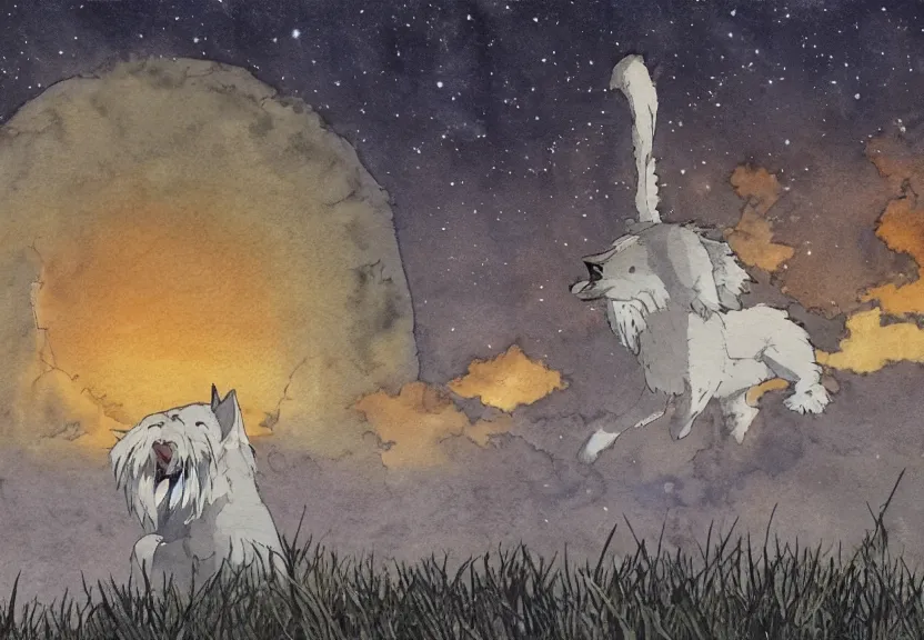 Image similar to a hyperrealist watercolor concept art from a studio ghibli film showing one giant grey griffon. a temple is under construction in the background in india on a misty and starry night. by studio ghibli. very dull muted colors