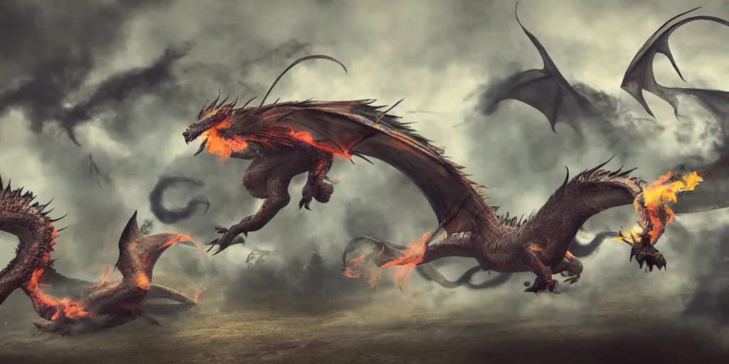 Image similar to muted colorful smoke, smoke shaped very vague dim smoky reminiscent (translucence) of dragons racing with outstretched wings, action, high energy, smoke, distant villagescape, cgsociety, HDR