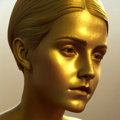 Image similar to portrait of emma watson gold statue reflect chrome, 8 k uhd, unreal engine, octane render in the artstyle of finnian macmanus, john park and greg rutkowski