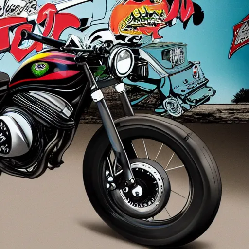 Prompt: Rat Fink designing a Honda Rebel 500