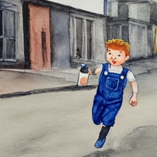 Prompt: a young boy wearing dungarees runs down a street in bellshill scotland. he is being chased by a giant tic - tac box. watercolour