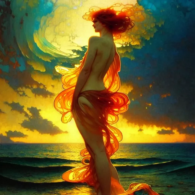 Image similar to ocean waves of glossy liquid honey drops flowing like translucent amber, lsd waves, lsd ripples, backlit, sunset, refracted lighting, art by collier, albert aublet, krenz cushart, artem demura, alphonse mucha