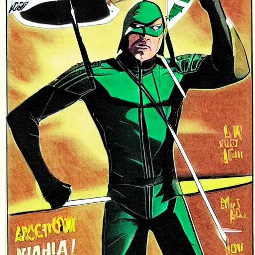 Prompt: The Green Arrow action pose, drawing an arrow from his quiver, comic book cover style