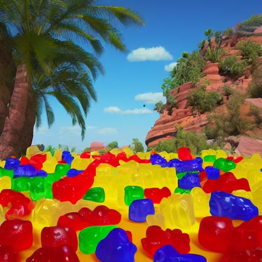 Prompt: promotional movie still life - size gummi bears, big, melting in the arizona sun in the largest frying pan in the world. 3 d, digital art, octane 3 d render, ue 5, cinematic, imax 7 0 mm, product lighting, dramatic lighting. concept art.