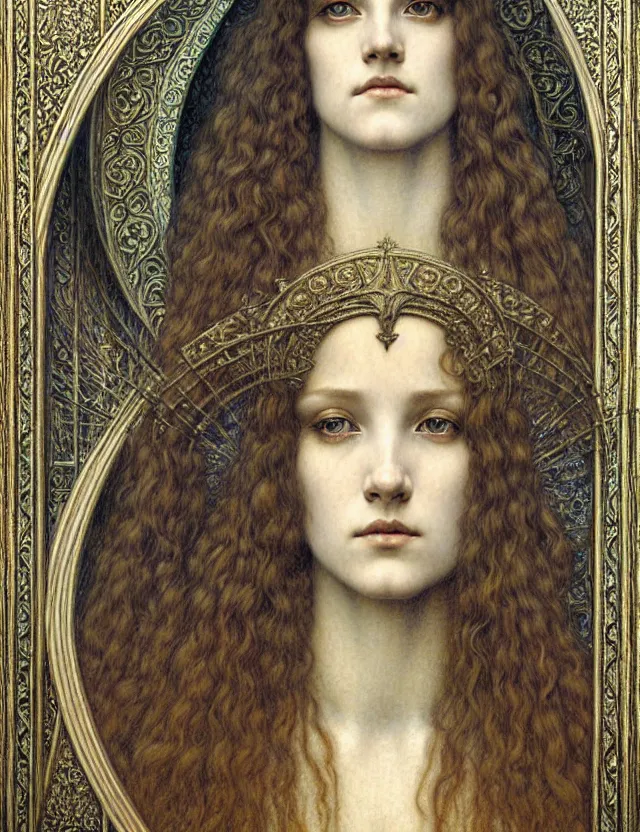 Image similar to detailed realistic beautiful young medieval queen face portrait by jean delville, gustave dore and marco mazzoni, art nouveau, symbolist, visionary, gothic, pre - raphaelite. horizontal symmetry