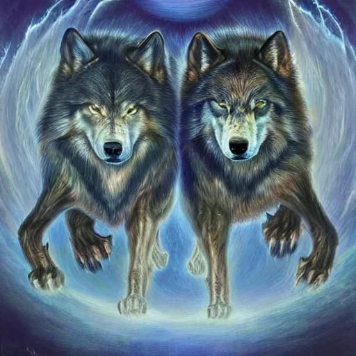 Image similar to enlightened pack of spirit wolves made out of nature by MICHAEL DIVINE and by AMANDA SAGE in the style of oil painting visionary art, trending on artstation, very coherent