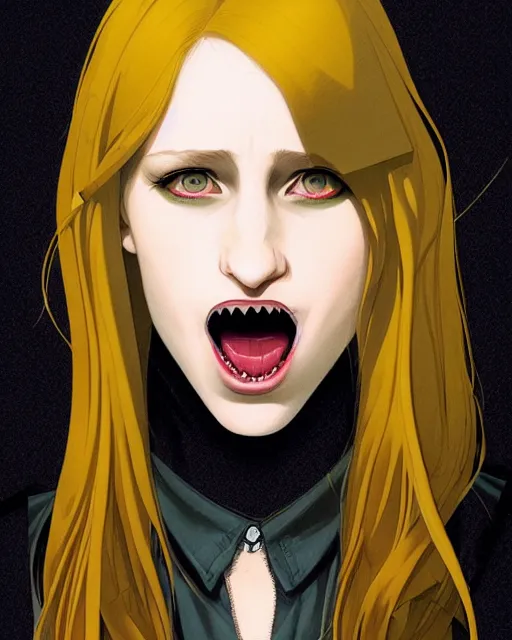 Image similar to in the style of Joshua Middleton and artgerm, beautiful evil vampire Taissa Farmiga sharp bloody vampire fangs open mouth, yellow eyes, symmetrical eyes, realistic face, symmetrical face, brown leather jacket, jeans, long black hair, full body, moody lighting