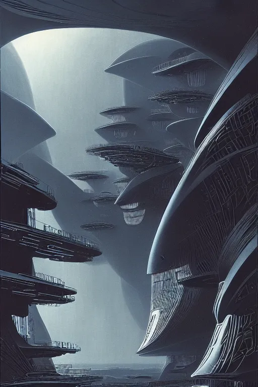 Prompt: emissary space by author haas and bruce pennington and john schoenherr, cinematic matte painting in a lush jungle at blue hour, zaha hadid building, 8 k, dark moody monochrome color palate