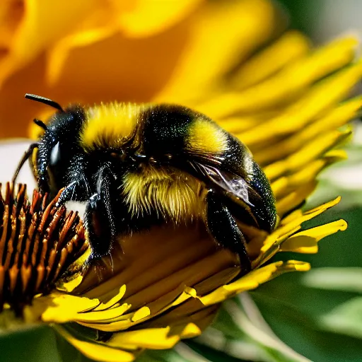 Image similar to bumble bee made of flowers, pedicel legs, flower petal wings, sits on a finger, 5 0 mm lens, f 1. 4, sharp focus, ethereal, emotionally evoking, head in focus, volumetric lighting, blur dreamy outdoor, inspired by giuseppe arcimboldo